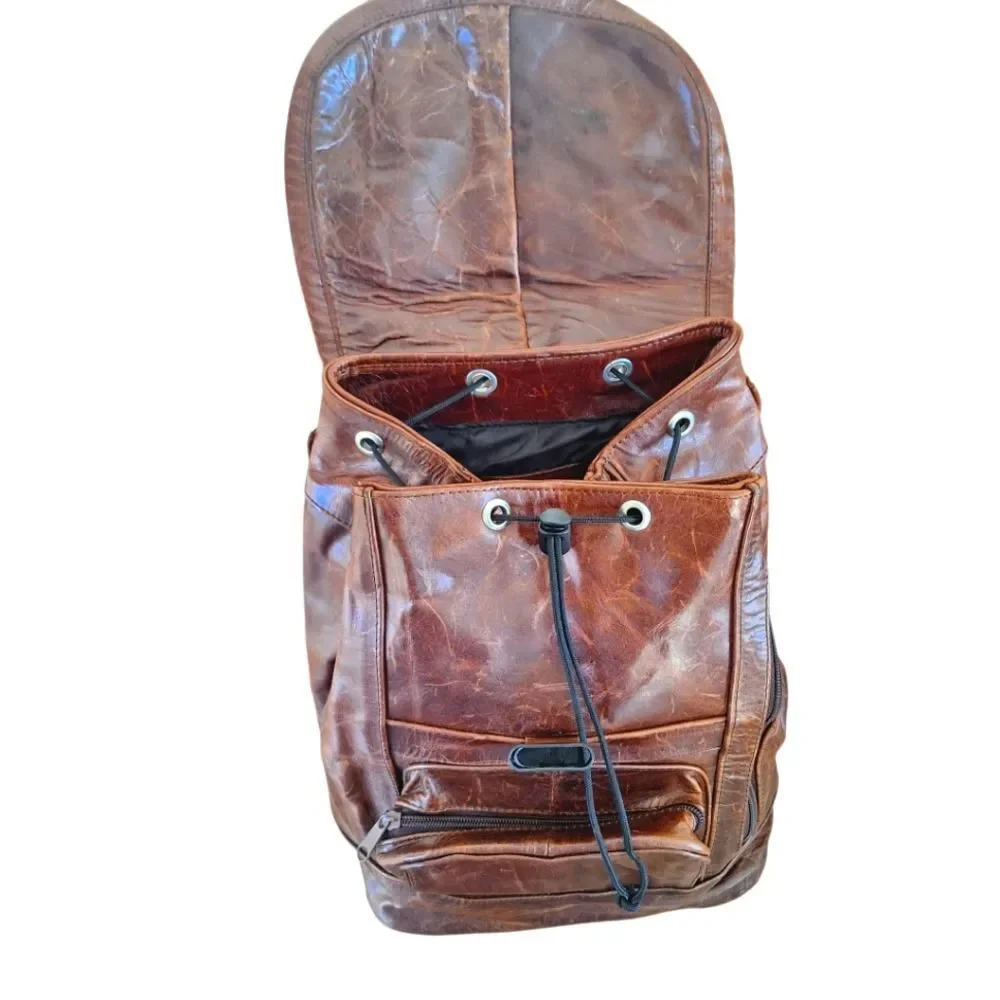 Vintage Boho Waxed Brown Leather Backpack Convertible Strap Rucksack Knapsack